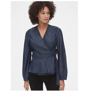 Gap Long Sleeve Blouse Rinse Washed Indigo Navy Chambray Wrap Tie Sz S